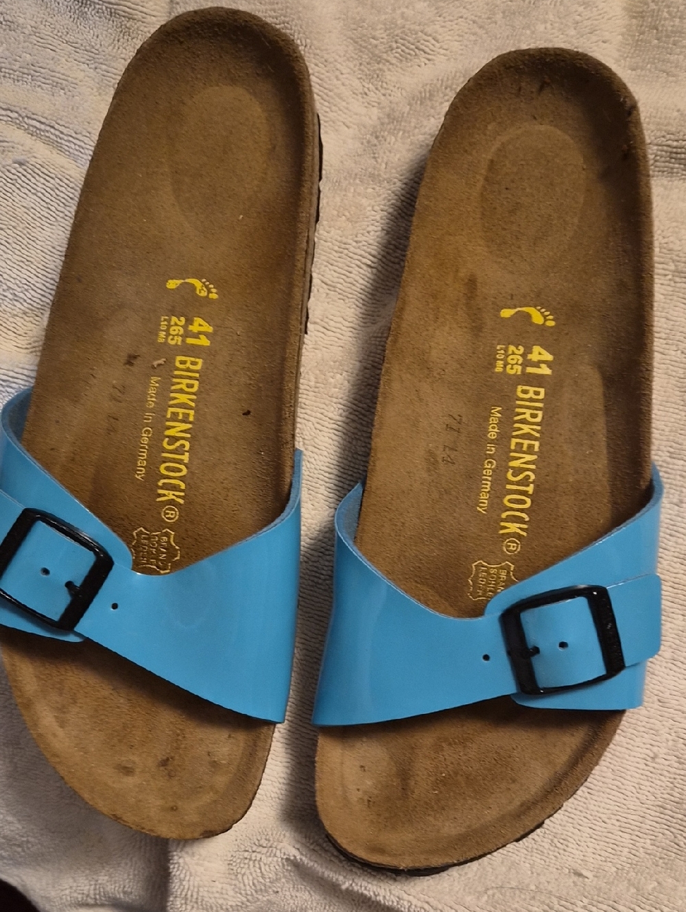 Birkenstock Madrid Patent Slide in Turquoise Blue Patent
